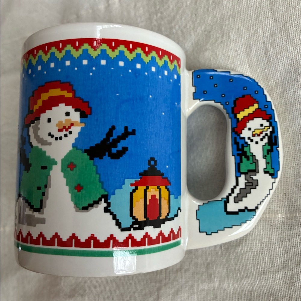 Snowman Winter Mug Retro Vintage Inspired Pixelated 8-bit Graphic Flat Handle